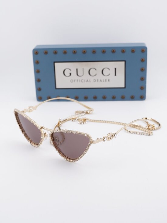Gucci Accessories - Gucci GG1569S 001 Cat Eye Sunglasses - Gold with White Stone / Brown